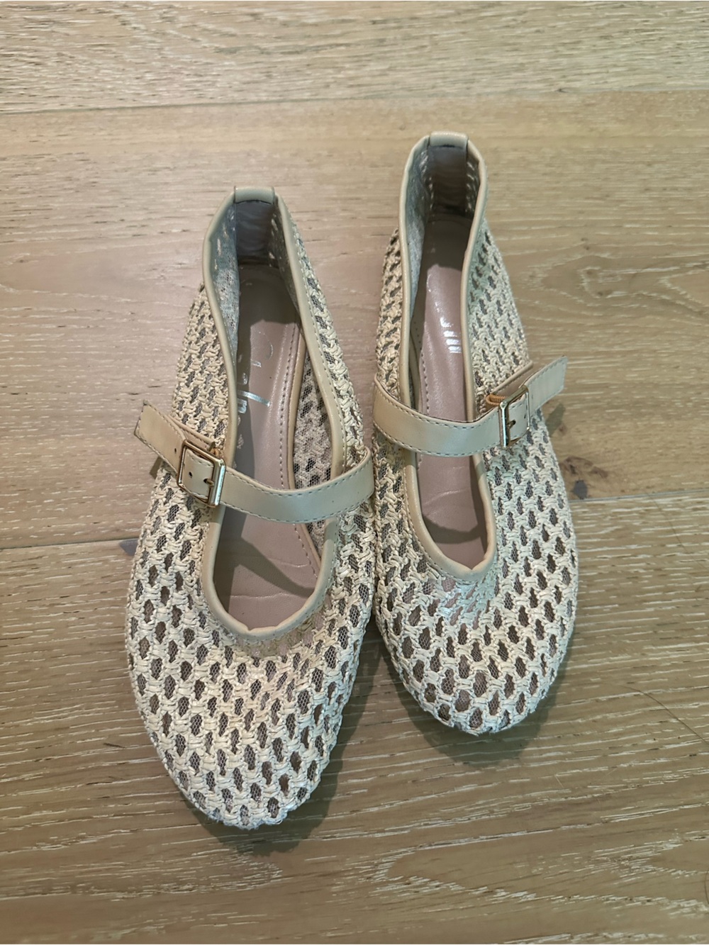 Woven Mary Jane Flats in Beige